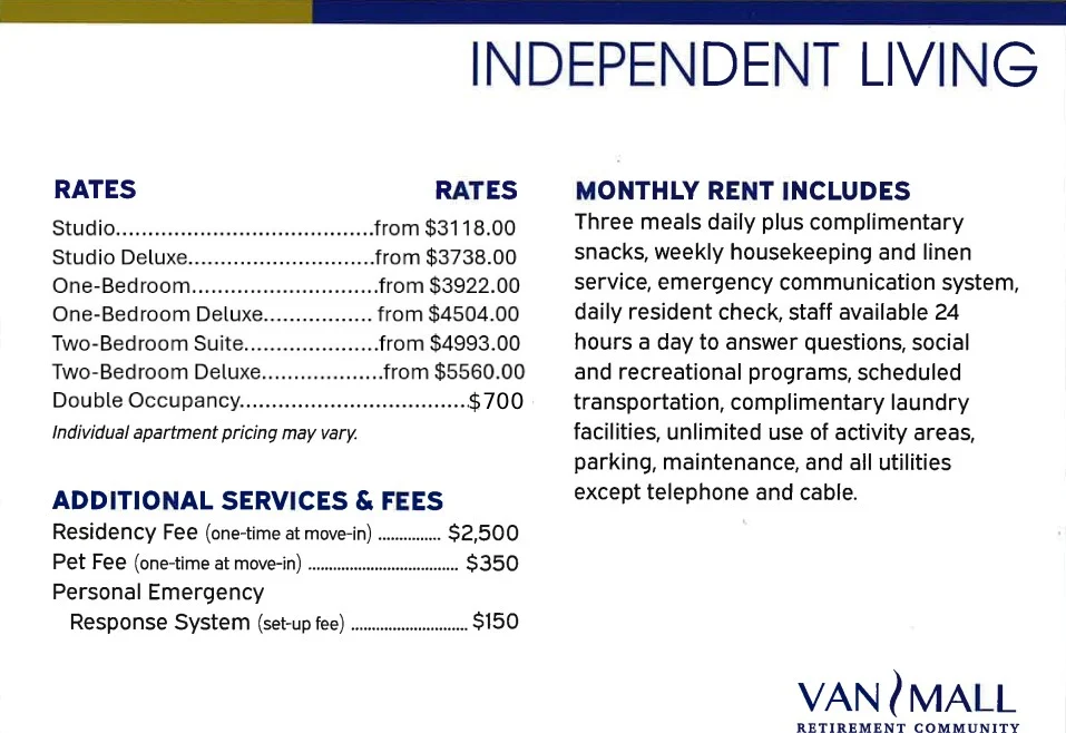 Independent living pricing